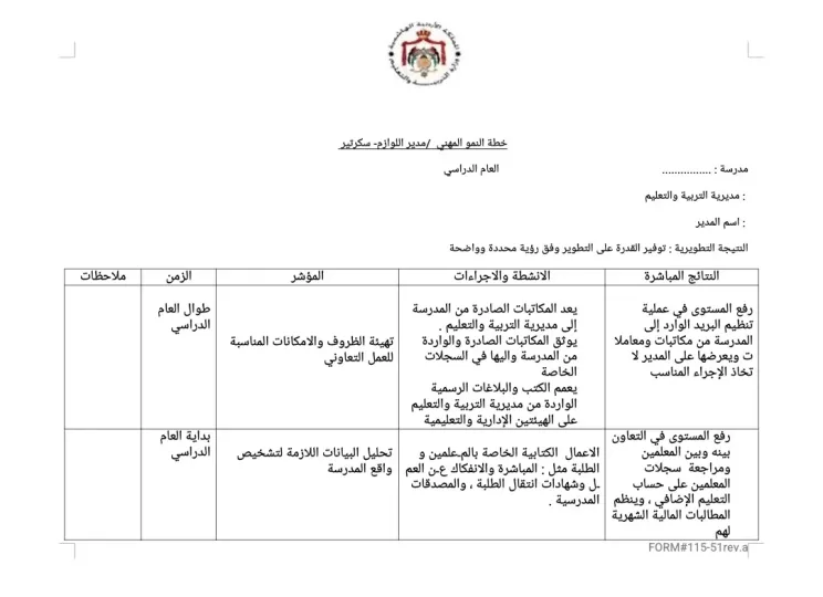خطة نمو مهني مدير اللوازم /سكرتير 