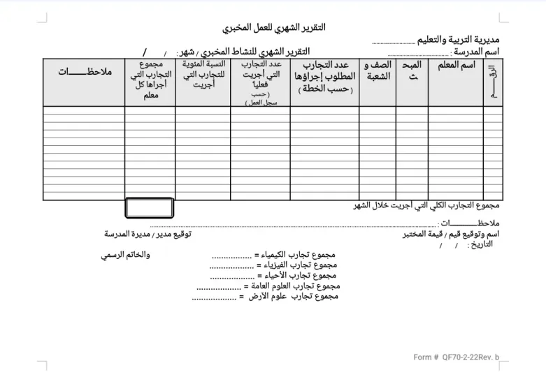 التقرير الشهري للعمل المخبري 