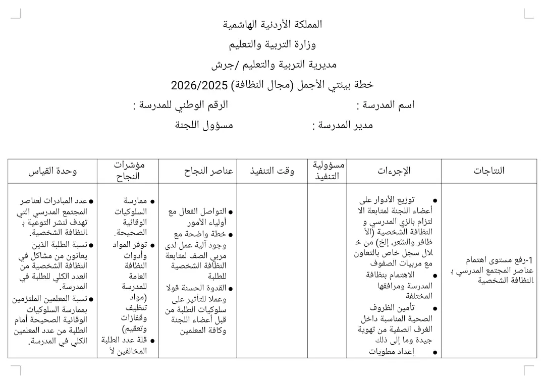 خطة النظافة 