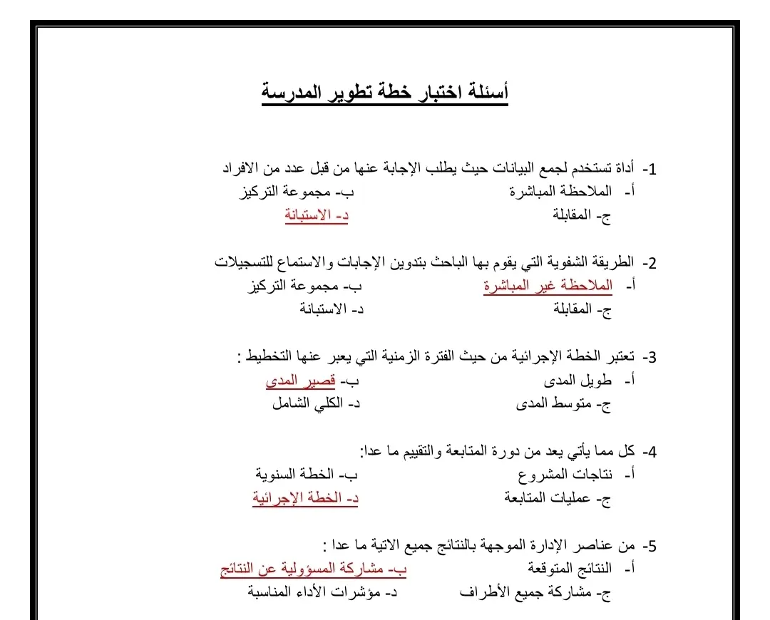 اسئلة مقترحة لخطة تطوير المدرسة 