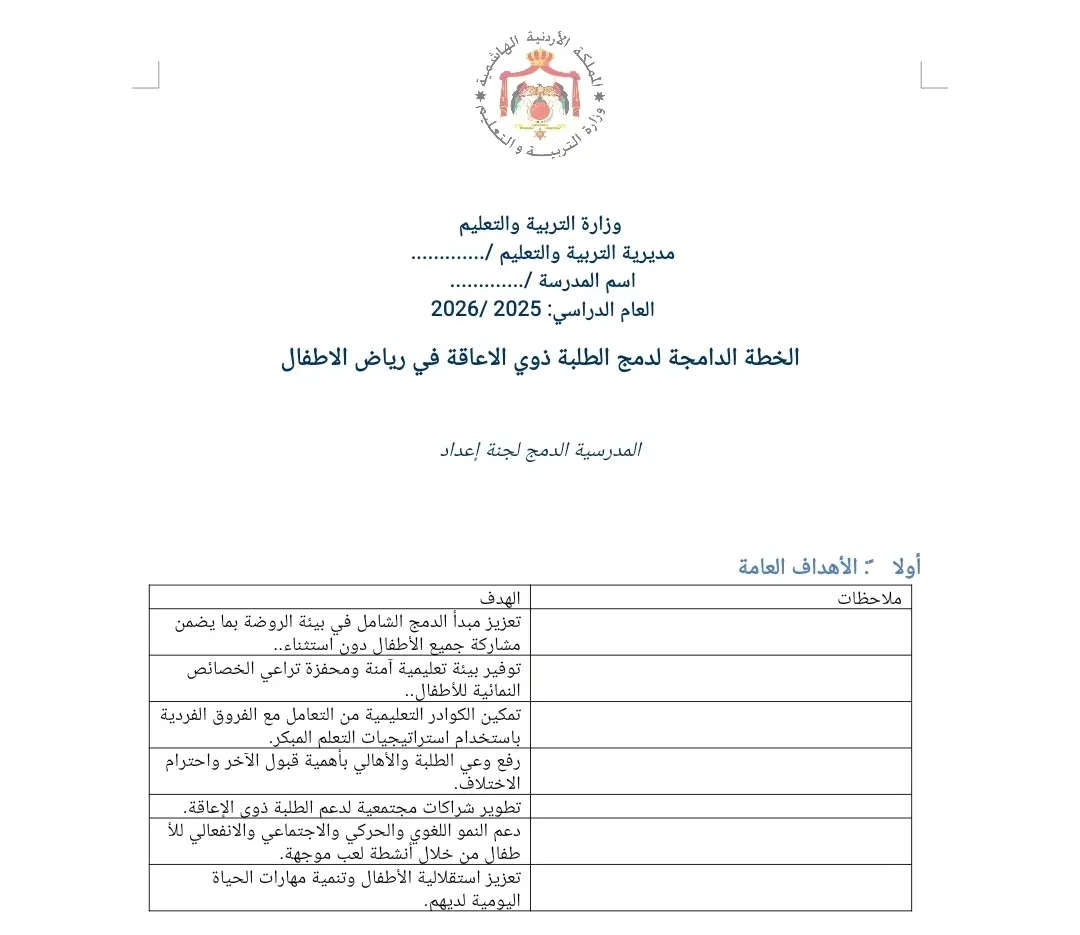 الخطة الدامجة لدمج الطلبة ذوي الاعاقة رياض الاطفال 