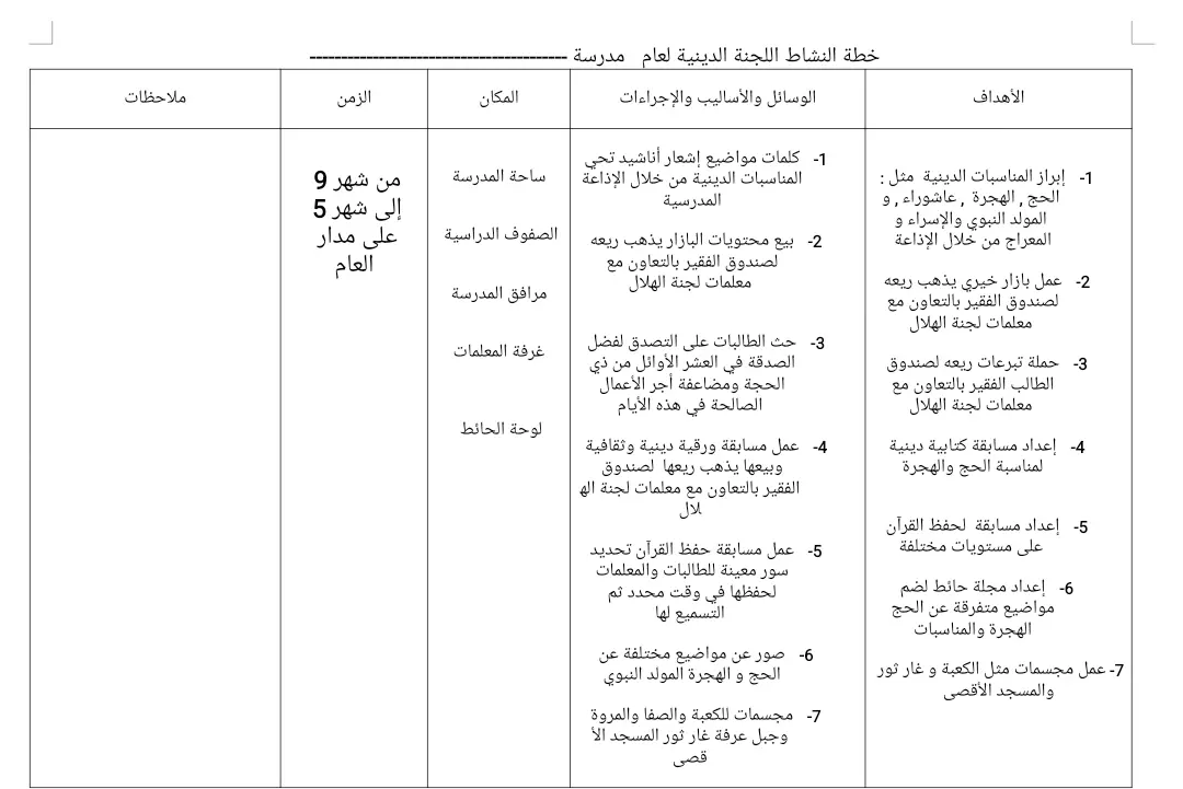 خطة النشاط الديني