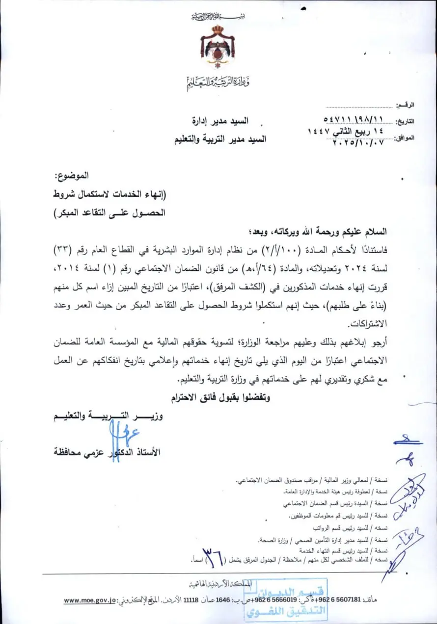 إنهاء الخدمات لاستكمال شروط الحصول على التقاعد المبكر الترفيع وانهاء الخدمات