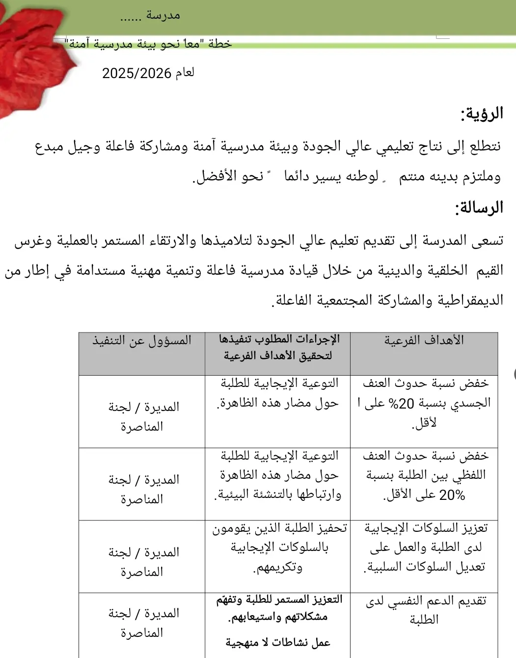 خطة نحو بيئة مدرسية آمنة 